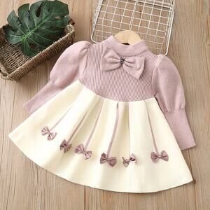 Toddler Girl Sz 80 US 12-18 Months Purple White Winter Fall Cozy Warm Dress Bow